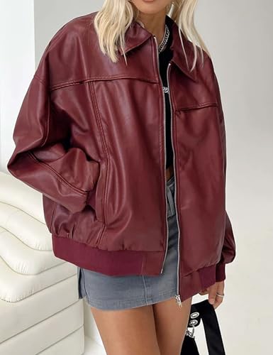 EsheSy Women's Oversized Leather Jacket Faux Suede Boyfriend Motorcycle Full Zip Bomber Jacket2