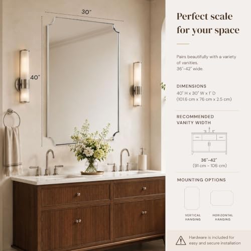 Image of TEHOME Polished Nickel Rectangle Bathroom Vanity Mirror, 30x40'' Silver Decorative Bathroom Mirrors