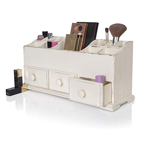 Vanity Drawer Beauty Organizer 3 Drawers - Wooden Cosmetic Storage Box for Neat & Organize Storing of Makeup Tools, Small Accessories at Home & Office Vanities & Bathroom Counter-top (Rustic White)