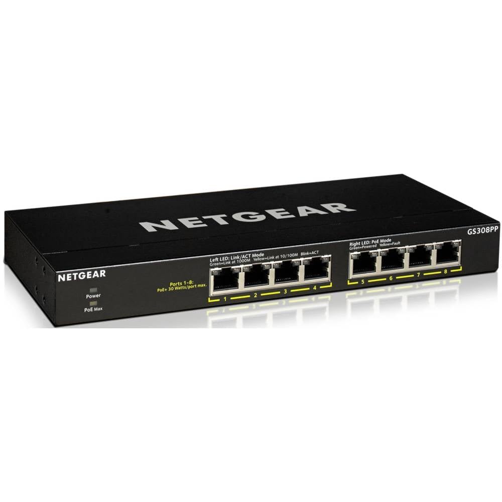 NETGEAR 8-Port Gigabit Ethernet Unmanaged Essentials PoE+ Switch (GS308PP): mit 8 x PoE+ bei 83 W, Desktop- oder Wandbefestigung