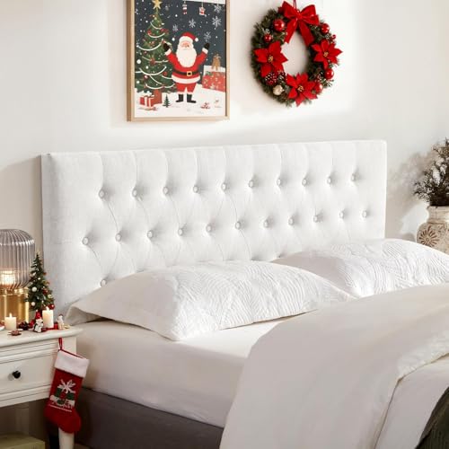 Huatean Home Tufted Upholstered Headboard Queen Size, Solid Wood Head Board with Metal Legs, Adjustable Height Bed headboard from 37' to 51' Fabric Headboard in Modern Button Design, White