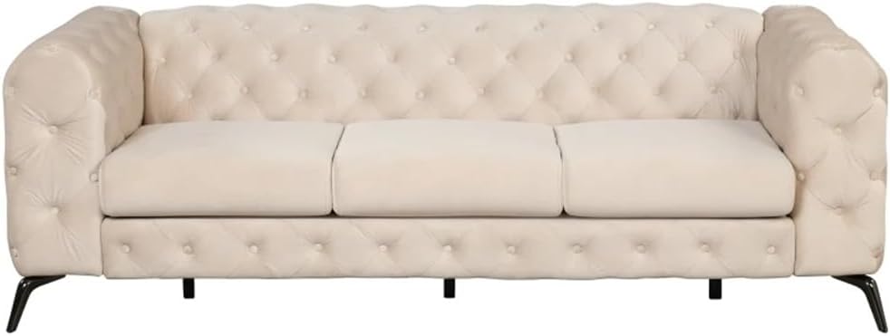 85.5" Velvet Upholstered Sofa with Sturdy Metal Legs, Couch with Button Tufted Back, 3 Seater Beige