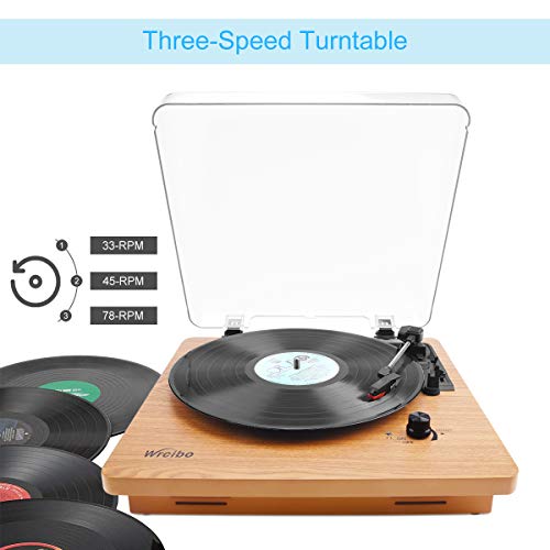 Wrcibo Record Player, Vintage Turntable 3-Speed Belt Drive Vinyl Player LP Record Player with Built-in Stereo Speaker, Aux-in, Headphone Jack, and RCA Output, Natural Wood - Thumbnail 6