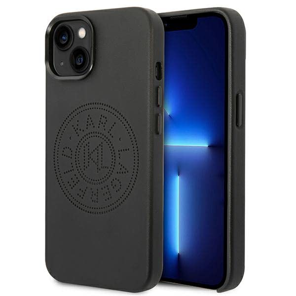 Karl Lagerfeld KLHCP14MFWHK Coque de Protection Rigide pour iPhone 14 Plus 6,7" Noir/Logo perforé en Cuir Noir