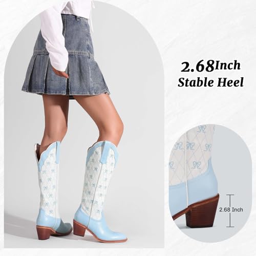 Women's Cute Cowboy Boots With Bow Embroidery Casual Knee High Cowgirl Boots For Women Chunky Heel Pointed Toe Western Style Boot With Color-Block Design For Prom Dressy Party4