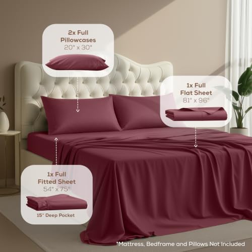 Image of Utopia Bedding Full Size Sheet Set - 4 Piece Bed Sheets, Soft and Breathable Microfiber, Includes 1 Fitted Sheet, 1 Flat Sheet and 2 Pillowcases - Oeko Tex (Burgundy)