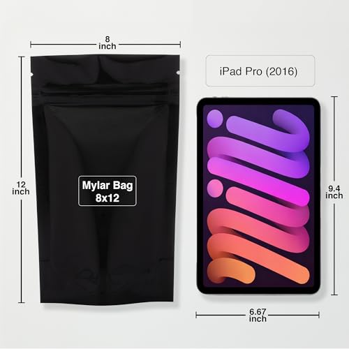 Image of BELLE KR 100pcs 2 Quart Black Mylar Bags with Gusseted Bottom - Extra Thick 4.72 Mil - 8 inchx12 inch Resealable Stand Up Mylar Ziplock Bags with Label Stickers