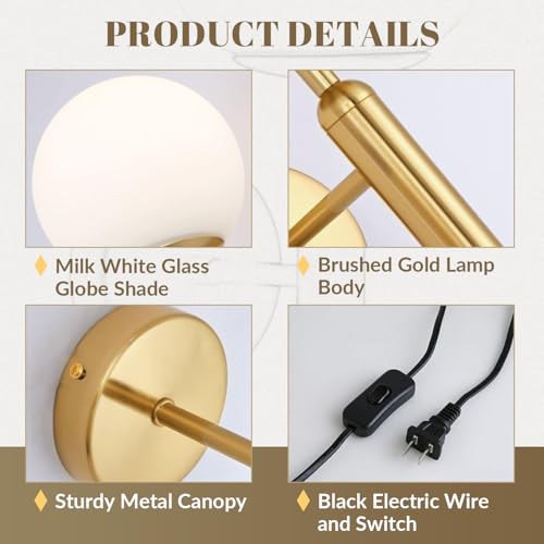 Image of Modo Lighting Modern Plug in Wall Sconce Light Golden Wall Light Fixture with On /Off Toggle Switch Industrial Vintage Wall Lamp for Bedroom Bathroom Bedside E26 Base (Plug)