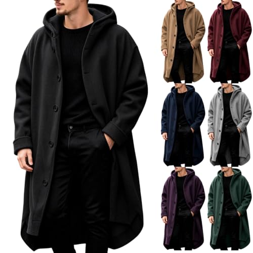 Mens Trench Coat Single Breasted Long Pea Coat Hooded Winter Overcoa