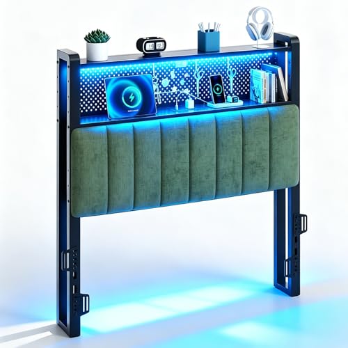 VINGLI Twin Size Dorm Headboard with Storage Upholstered Head Board for Twin XL Bed Charging Stations and LED Light 2 Tier Shelves and Pegboard Height Adjustable Sage Green