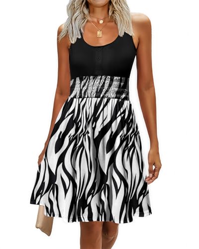 Image of Summer Dresses for Women Casual Sleeveless Sundresses Elastic Waist Mini Sun Dress