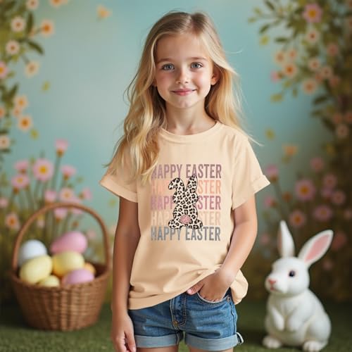 Image of GLIGLITTR Girls Happy Easter Shirts Leopard Bunny Tshirt Cute Rabbit Outfits Kids Easter Holiday Short Sleeve Tee Tops 7-12Y