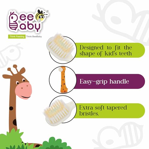 Image of BeeBaby Brush Buddy Baby Toothbrush for Kids 3-6 Years, Ultra Soft Tapered Bristles Toddler Toothbrush for Milk & Permanent Teeth, BPA Free Easy Grip Toothbrush for Sensitive Gums, Pack of 2. Unicorn Blue Giraffe Orange