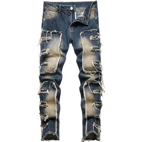 Lanscadran Boy's Stacked Jeans Skinny Fit Ripped Distressed Y2K Hip Hop Casual Tassel Leg Stylish Streetwear Denim Pants,Dark Blue260-15,16 Cover