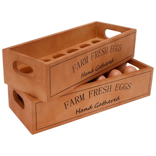 La Mejor Selección de Hueveras los 10 mejores. 45 Paquete de 2 Soporte para huevos de madera para 24 huevos, Apilable, Portátil, Diseño Rústico y Elegante, Decoración del hogar para cocina