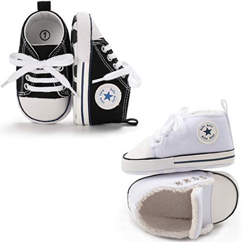 Image of Tutoo Unisex Baby Boys Girls High Top Sneaker Soft Anti-Slip Sole Newborn Infant First Walkers Canvas Denim Shoes