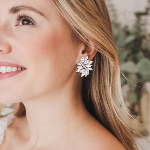 EVER FAITH Women's Cubic Zirconia Elegant Bridal Floral Leaf Pierced Stud Earrings3