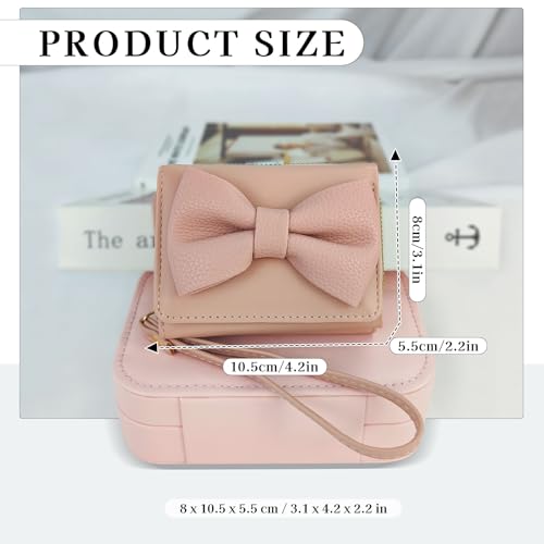 Small Wallet for Women, Trifold PU Leather Wallets with Zipper Coin Pocket and Multiple Card Slots, Cute Bow Credit Card Holder Coin Purse with Wrist Strap (Pink)2