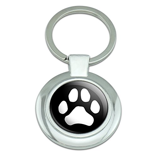 GRAPHICS & MORE Paw Print Dog Cat White on Black Keychain Classy Round Chrome Plated Metal