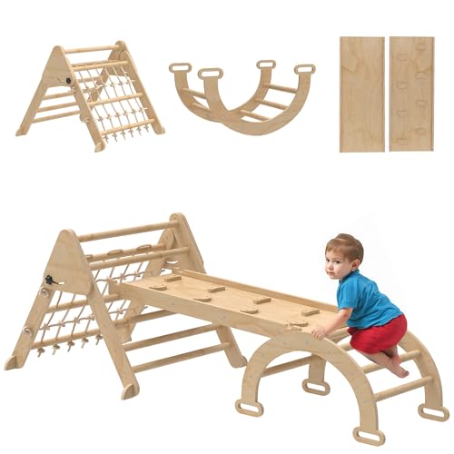 AIYAPLAY 8 en 1 Triangle d'escalade Enfants avec Rampe Double Face, Arc d'escalade en Bois peuplier avec Toboggan & échelle, Charge 50 kg pour Glisser ou Grimper pour bébé de 18 à 48 Mois, Naturel