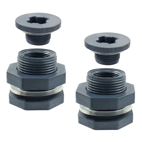 Image of 2pcs NPT3 /4 PVC Bulkhead Fitting with Plugs, 3 /4 Inch Plastic Water Tank Connector Threaded Thru-Bulk Pipe Fittings for Rain Barrels, Aquariums, Bucket Hose Adapter, Ponds, Pools