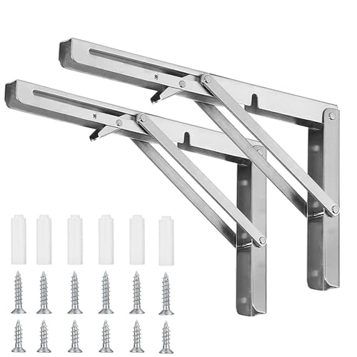 HSEANWWW 2 Stück klappbare Regalhalterung 14 Zoll robuste Edelstahl-Klapphalterung tragend 100 kg wandmontiertes schwebendes Tischstützscharnier DIY-Dreieck (Edelstahl 350 mm
