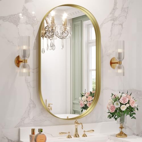 Brightify Goldener ovaler Spiegel für Badezimmer, 50,8 x 91,4 cm, Metallrahmen, Badezimmer-Schminkspiegel, goldfarben, moderner Wandspiegel für Schlafzimmer, Wohnzimmer, Wanddekoration, vertikal und