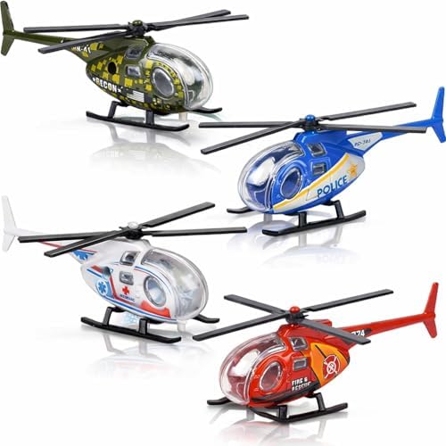ArtCreativity Diecast Helicopter Toy - Pack of 4 - Police, Fire Engine, EMS, and Military Toy Choppers with Spinning Propellers, Birthday Party Favors for Boys and Girls