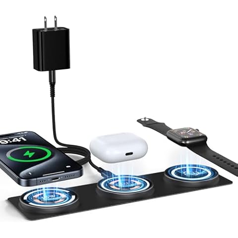iPhone Magnetic Wireless Charger,3 in 1 Foldable Charging Station,Mag-Safe Travel Wireless Charger with USB A Block for iPhone 16 Pro Max 16 Plus 15 Pro 14 13 12,iWatch UItra 2/9/8/7,AirPods 3/2/Pro Cover