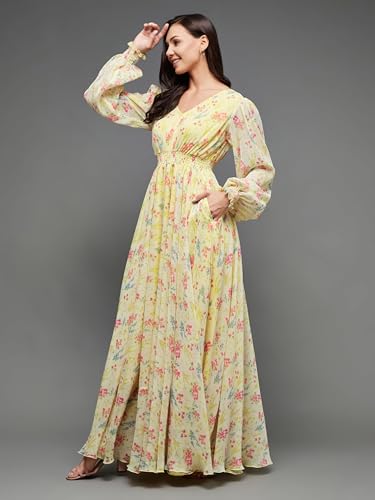 Image of Miss Chase Women's Multicolored-Base-Brown Relaxed Fit Maxi Lurex Chiffon Dress