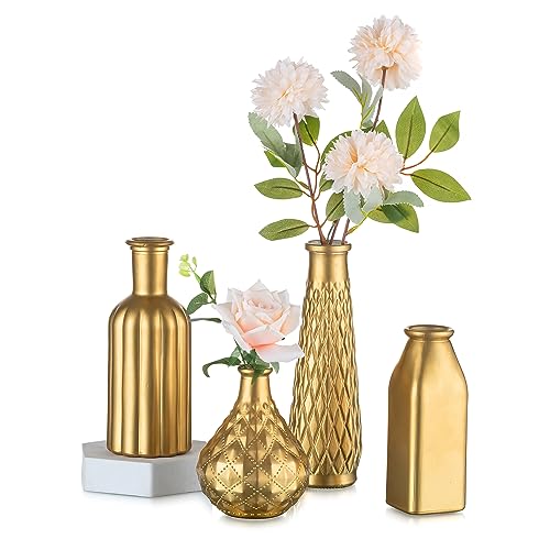 Inweder Jarrones de cristal dorado para flores, juego de 4 pequeños jarrones dorados para decoración de mesa de Navidad, jarrón moderno, jarrón estético, jarrones decorativos para centros de mesa de