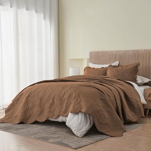 Image of Kingnex Oversized King Bedspreads 128x120 for Extra Wide Tall King or Cal King Bed Ultrasonic Quilted Coverlet Set 3 Piece Include 1 Quilt 2 Pillowcases Coffee