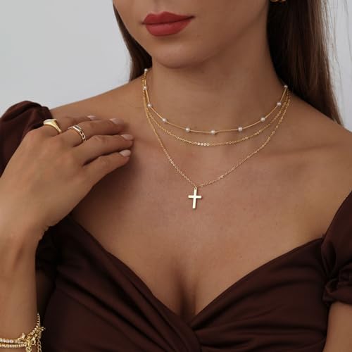 Tasiso Cross Necklace for Women 14K Gold Plated Dainty Layered Cross Paperclip Chain Choker Necklace Set Horizontal Sideways Cross Necklace Minimalist Trendy Jewelry Gifts3