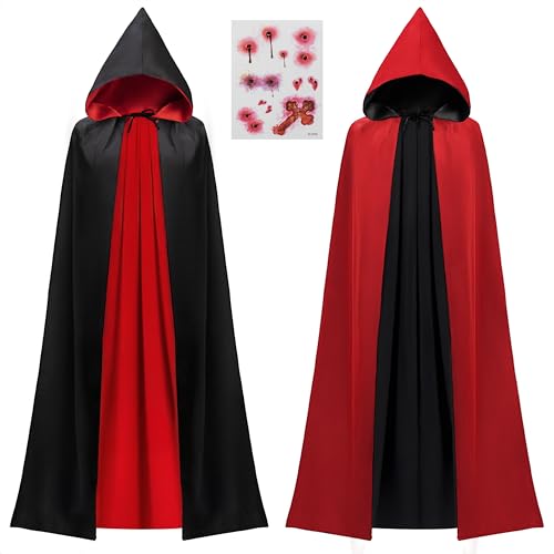 JOYIN Halloween Vampire Cape with Hood Accessory Set, Vampire with Hood Costume, Reversible Hooded Cape Cloak and Tattoo Scar for Adult Unisex for Transylvania Dracula Theme Party Broadway Costume