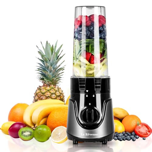 La Reveuse Personal Size Smoothies Blender 300 Watts with 24 oz BPA-Free Portable Travel Sports Bottle (Grey)