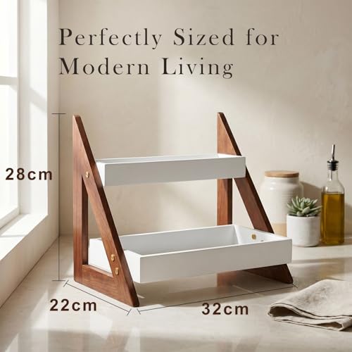 Image of 2 Tier Wooden Kitchen Counter Organizer Rack | Premium Spice Rack & Storage Shelf for Kitchen Countertop | Modern Wooden Storage Stand for Oil Bottles, Jars, Coffee & Bathroom Essentials