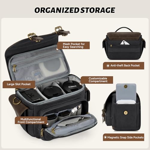 Image of RAINSMORE Camera Bag, Vintage Canvas Camera Sling Bag Crossbody Camera Case | Water-resistant DSLR SLR Mirrorless Camera Bag for Photographer with Rain Cover & Tripod Holder for Sony Canon Nikon Fujifilm