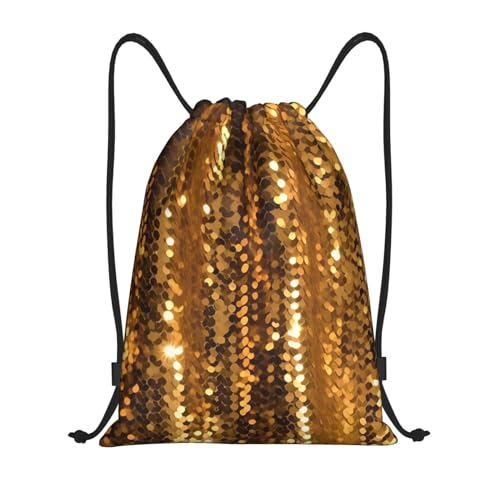 OUSIKA Gold Sequin Sparkle Drawstring Backpack Draw String Bag Waterproof Sports Bag Gym Cinch Bags for Women Men, Black, M
