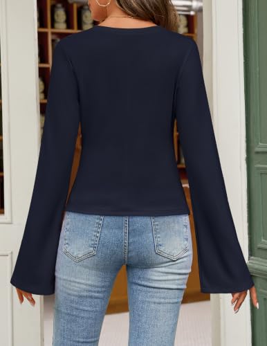 MEROKEETY Women's Bell Long Sleeve Tops Fall Trendy Shirts, Navy, XL — view 4