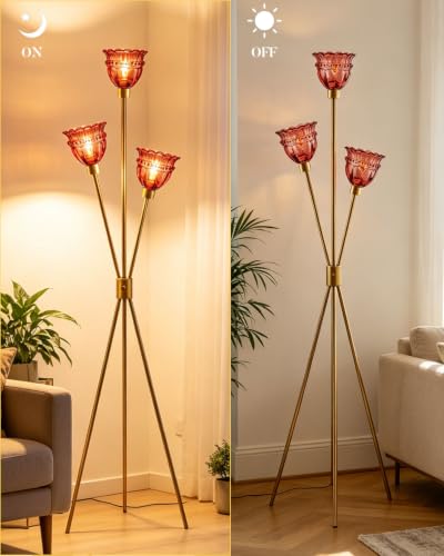 Image of Lightdot 3-Lights Glass Tripod Floor Lamp Gold Dimmable Floor Lamps with 3000K Warm White Bulbs for Wedding Party 62IN Tall Standing Lamp with Deep Red Glass Shade for Living Room /Bedroom /Home Decor