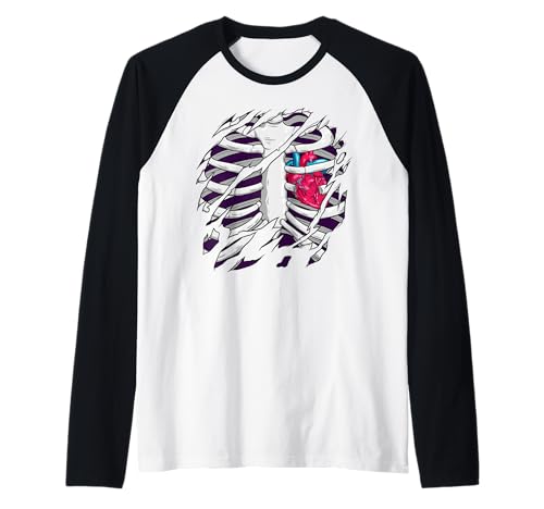 Skeleton Rib Cage Heart Halloween Costume Men Women X-ray Raglan Baseball Tee