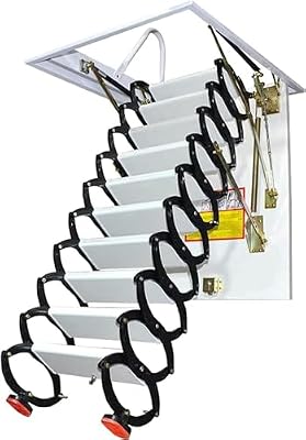 Concertina Loft Ladder Alloy Attic Access Ladder Wall Mounted Loft Ladder Non-Slip Carbon Steel Attic Stairs Pull Down Attic Ladder Folding Telescoping Ladder for Narrow Spaces