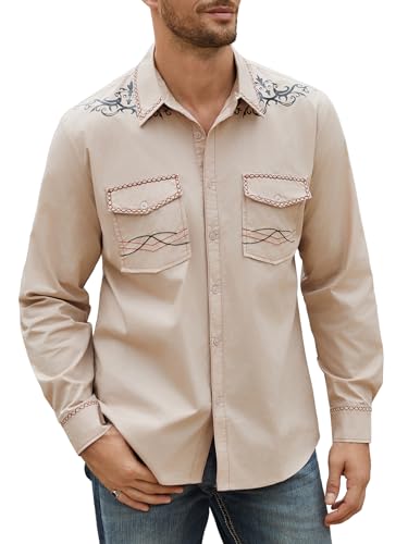 Daupanzees Men's Western Cowboy Shirt Long Sleeve Embroidered Shirt Slim Fit Casual Button Down Shirts with Pockets - Main Image