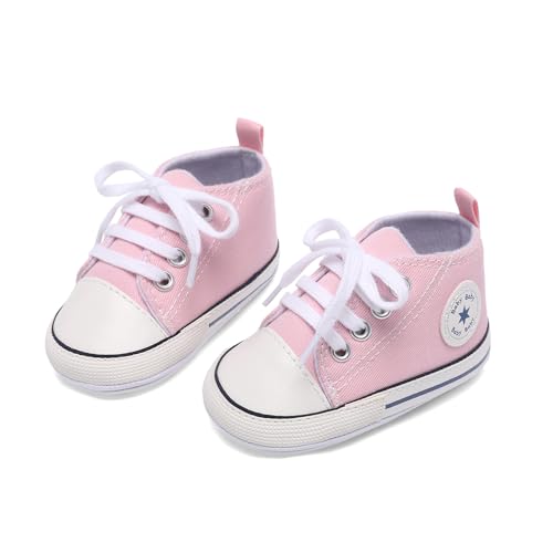 Image of Unisex Baby Girls Boys Canvas High-top Shoes, Newborn Infant Anti-Slip Soft Sole Frist Walking Breathable Sneakers