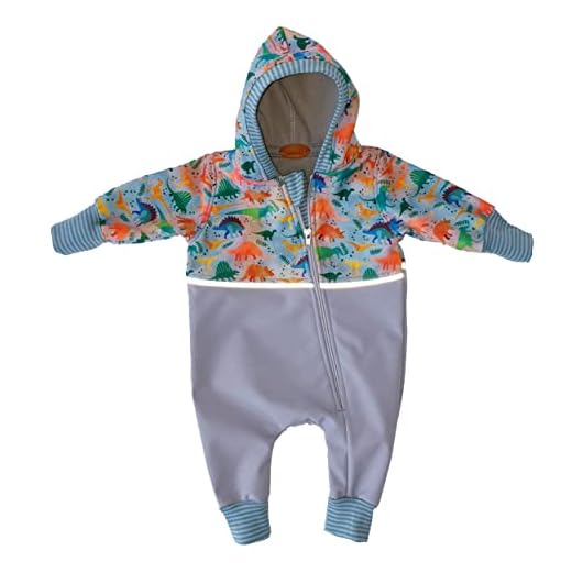 Lilakind Baby barn softshell overall dinosaurie grå med reflektorband storlek 62/68–116/122 – tillverkad i Tyskland, GRÅ, 74/80 cm