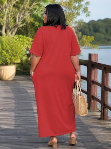 Image of Plus Size Maxi Dress for Women Short Sleeve V Neck Casual Loose Sundress with Pockets
