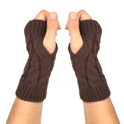 Qiuyan Fashion Warm Soft Comfortable Wrist Gloves Winter Fingerless Hand Warmers Women Girls Stylish Arm Gloves Mitten Knit Crochet Arm Warmers with Thumb Hole for Work Outdoor Gifts (Coffee)
