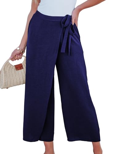 EVALESS Women's Wide Leg Palazzo Pants Work Casual Trousers Summer Elastic High Waisted Cute Side Tie Culottes with Pockets