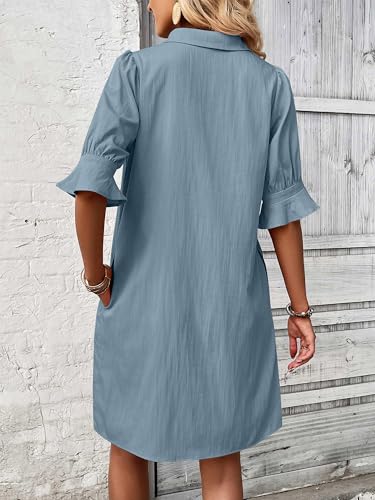 Image of FENSACE Womens Casual Shirt Dress Ruffle Sleeve Button Down Shift Summer Dresses with Pockets