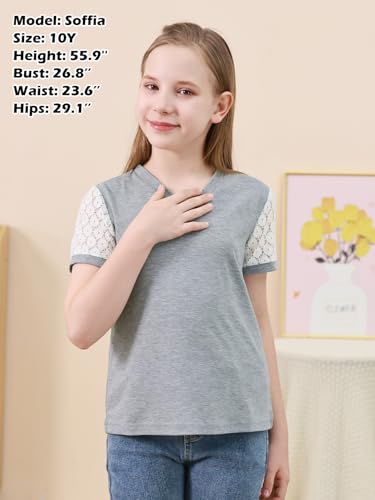Image of GORLYA Girls Lace Sheer Sleeve Contrast T-Shirt Short Sleeve V Neck Casual Modest Tee Tops for 6-16Y